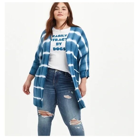 Torrid Tie Dye Open Front 3/4 Dolman Sleeve Blue Long Cardigan - Picture 1 of 12